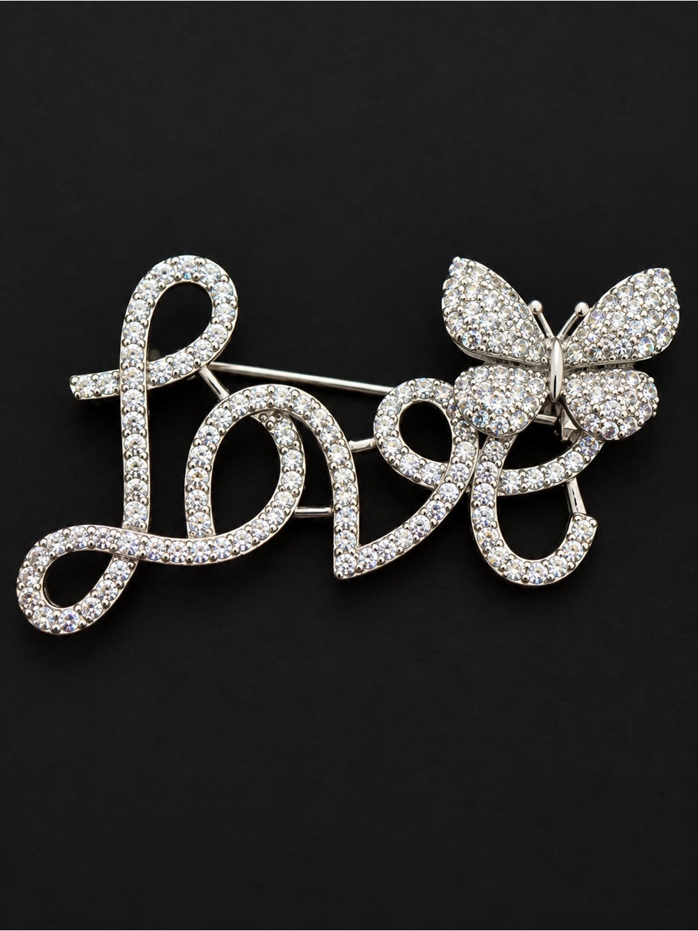 Sparkling Silver Tone “Love” Butterfly Rhinestone Brooch Pin